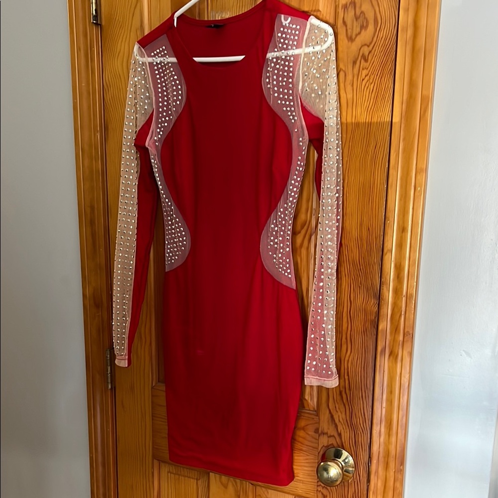Elegant Red Dress with Sheer Embellished Sleeves